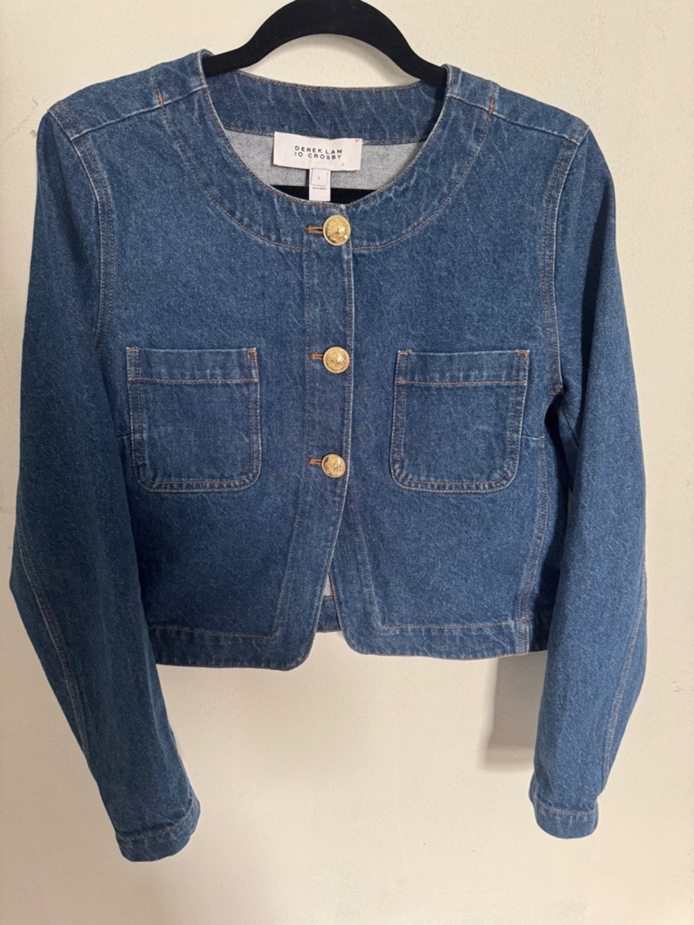 Derek Lam 10 Crosby Cropped Denim Jacket Gold Button Structured Blazer Size L